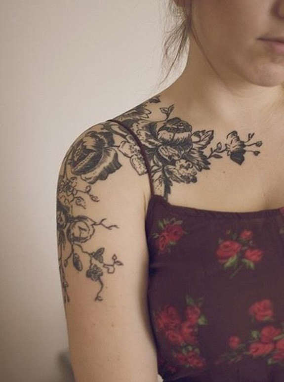 Black And Grey Flower Tattoos On Shoulder