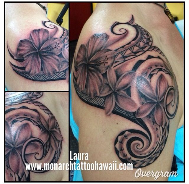 Black And Grey Hibiscus With Tribal Design Tattoo On Shoulder