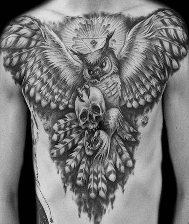 Black And Grey Owl With Skull Tattoo On Man Chest