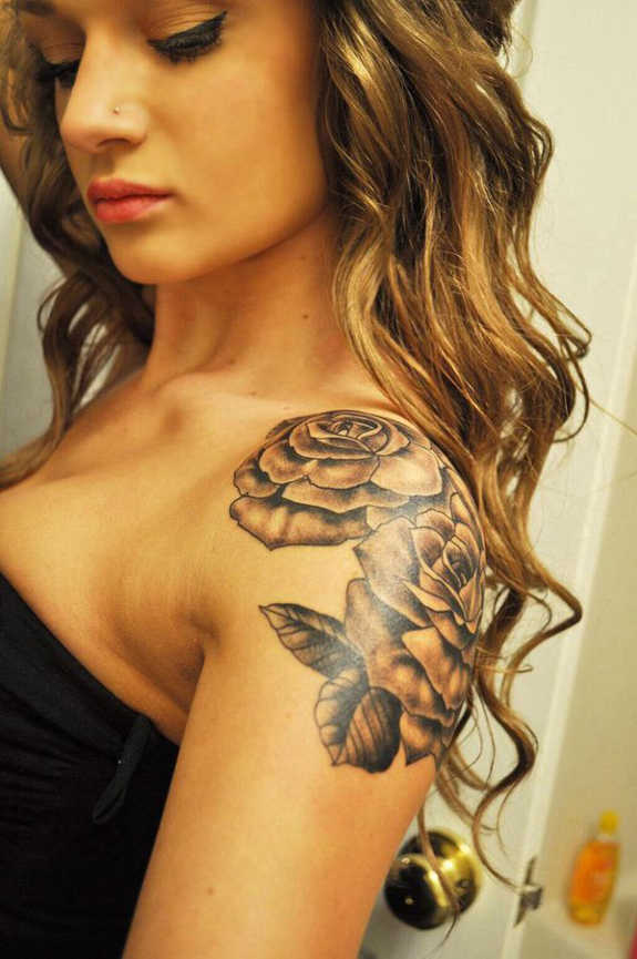 Black And Grey Rose Tattoo On Left Shoulder