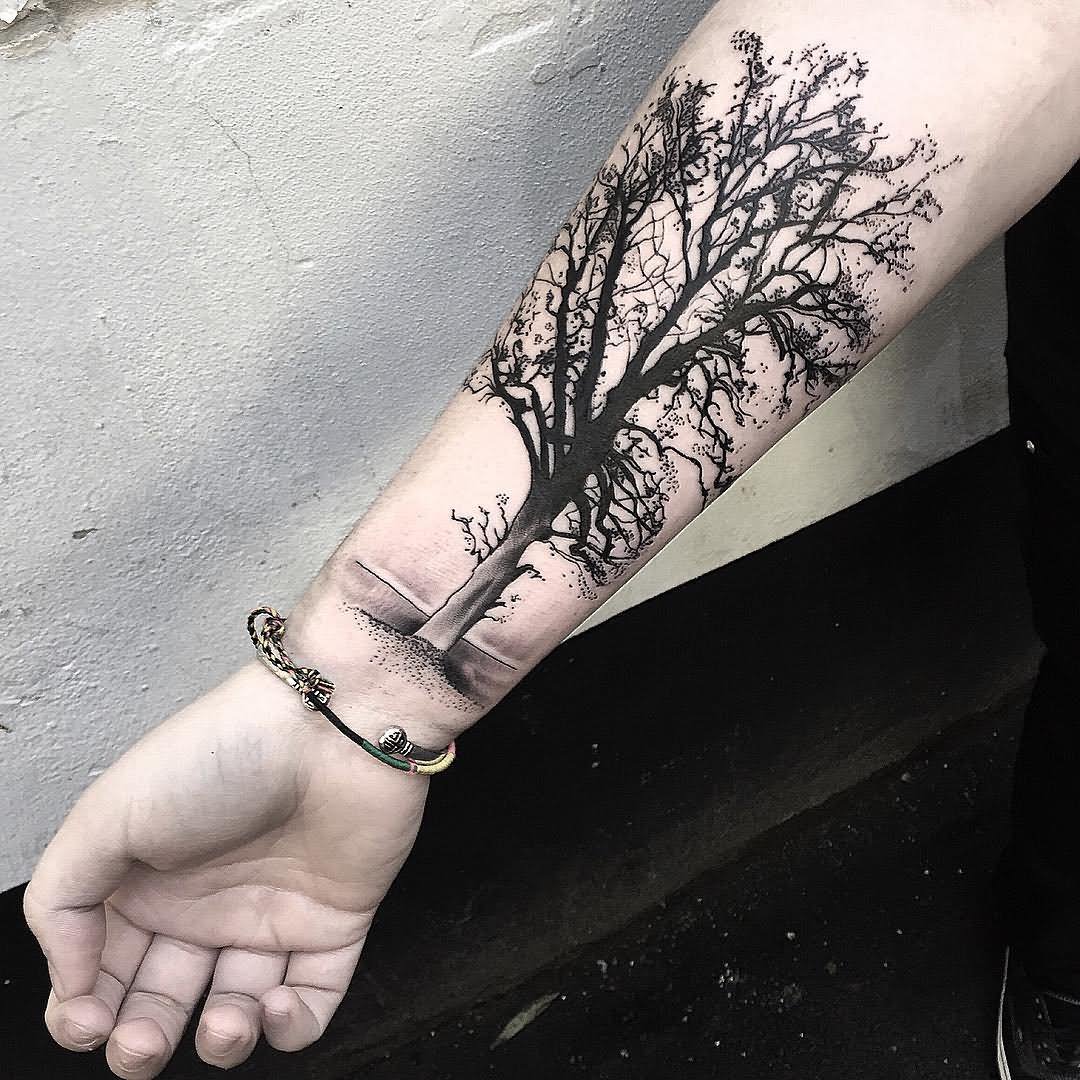 Black And Grey Tree Tattoo On Right Forearm