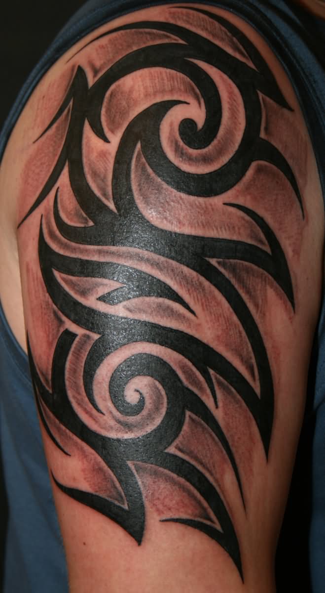 Black And Grey Tribal Half Sleeve Tattoo