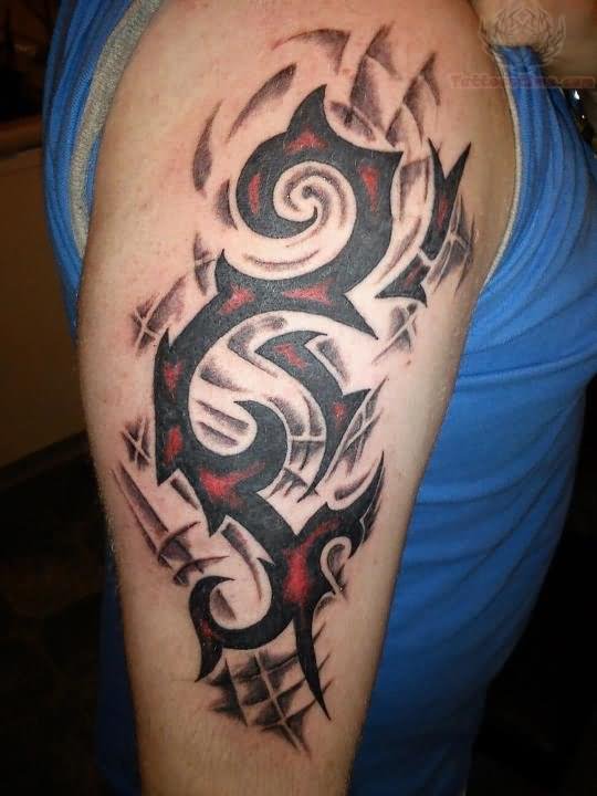 Black And Red Tribal Tattoo On Right Half Sleeve