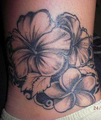 Black And White Hibiscus Flowers Tattoo Design For Leg