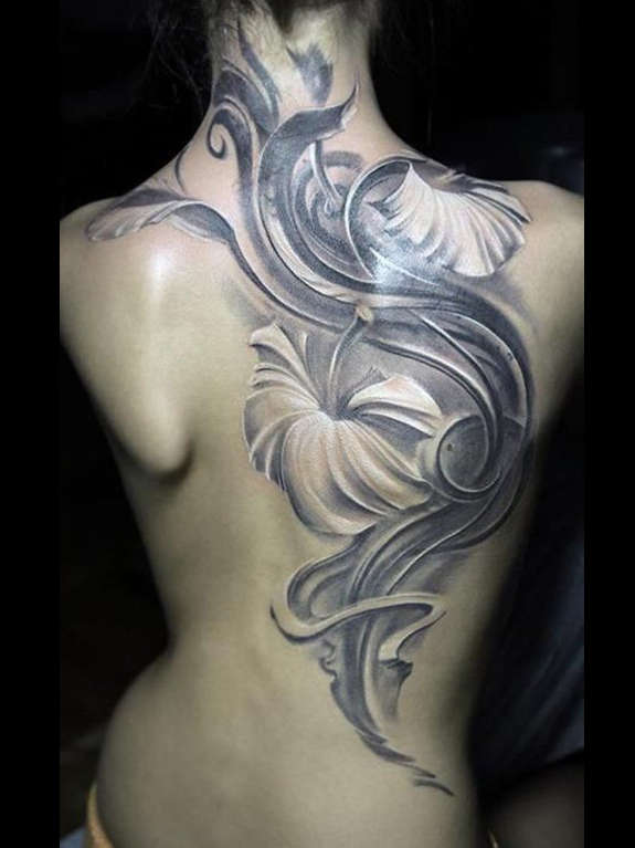 Black And White Hibiscus Flowers Tattoo On Full Back