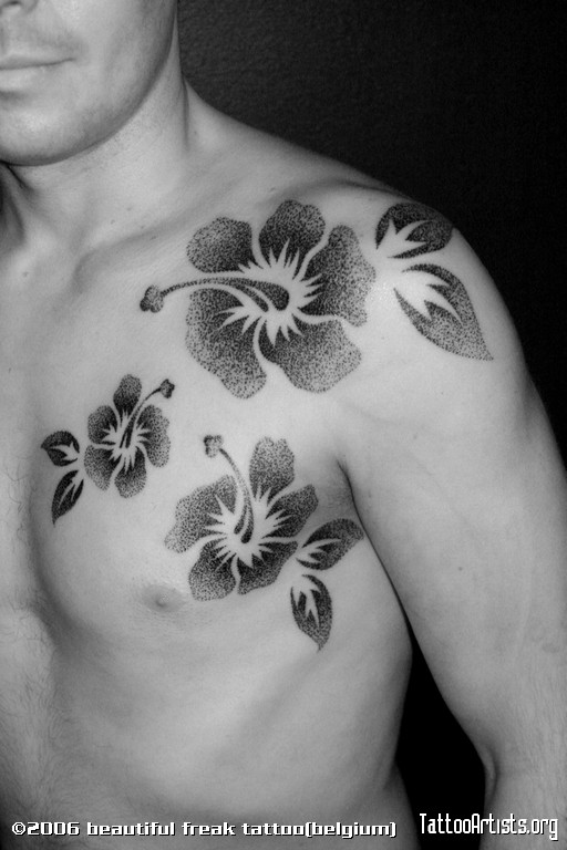 Black And White Hibiscus Flowers Tattoo On Man Left Front Shoulder
