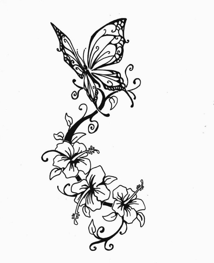 Black And White Hibiscus With Butterfly Tattoo Stencil