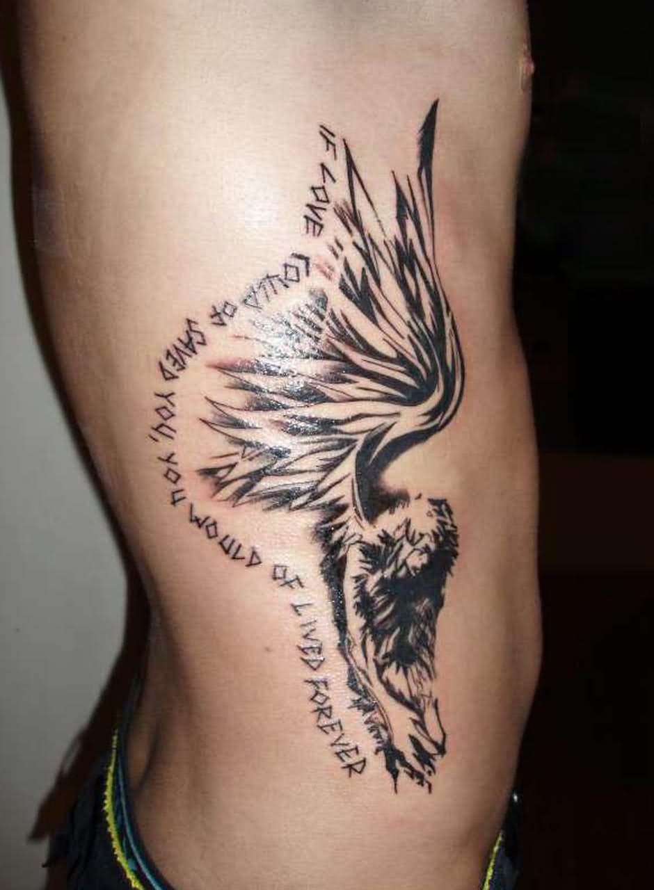 Black Angel Tattoo On Man Side Rib