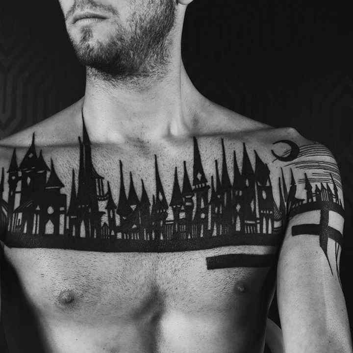 Black Castles Tattoo On Man Chest