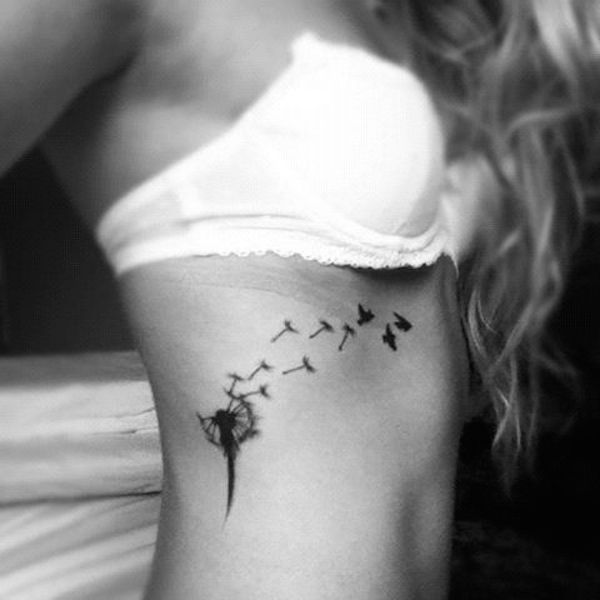 Black Dandelion With Flying Birds Tattoo On Girl Right Side Rib