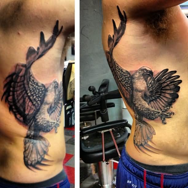 Black Ink Angel Tattoo On Man Right Side Rib