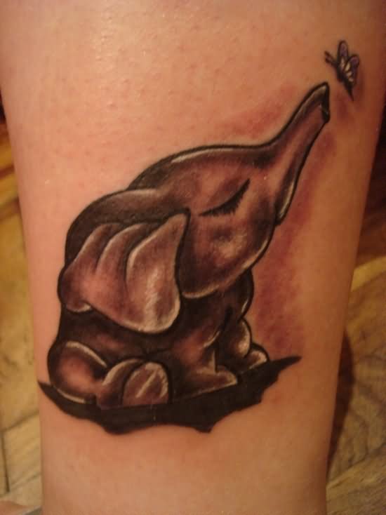 Black Ink Baby Elephant Trunk Up With Butterfly Tattoo Design
