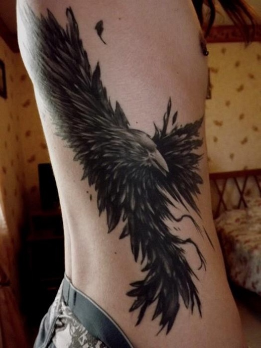 Black Ink Bird Tattoo On Right Side Rib