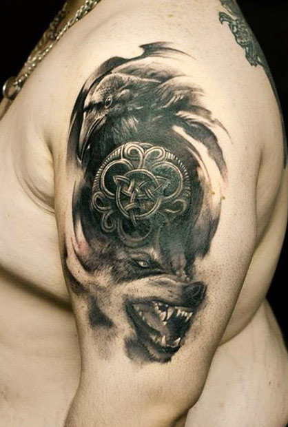 Black Ink Crow And Wolf Tattoo On Left Half Sleeve