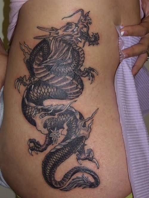 Black Ink Dragon Tattoo Design For Side Rib