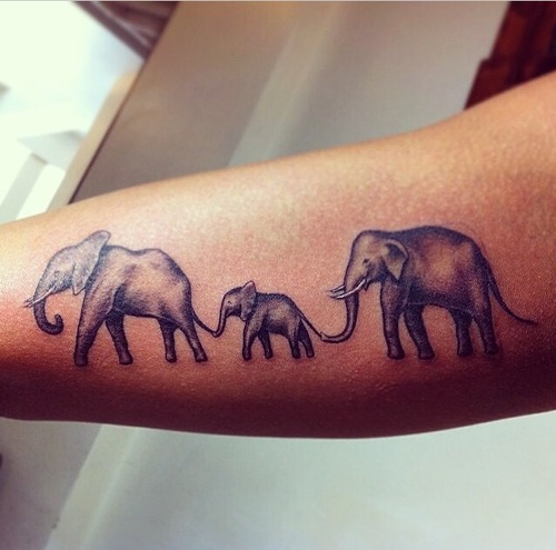Black Ink Elephant Family Tattoo Design For Forearm