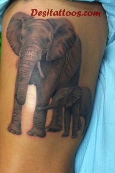 Black Ink Elephant Family Tattoo Design For Sleeve