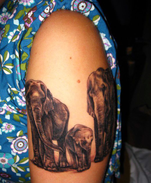 Black Ink Elephant Family Tattoo On Half Sleeve