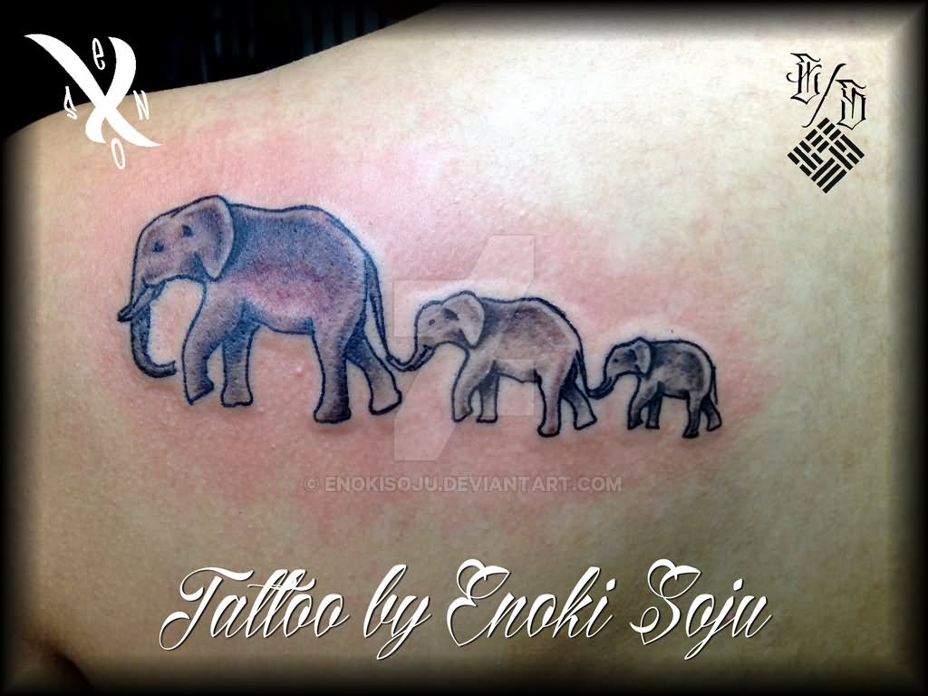 Black Ink Elephant Family Tattoo On Upper Back By Enoki Soju