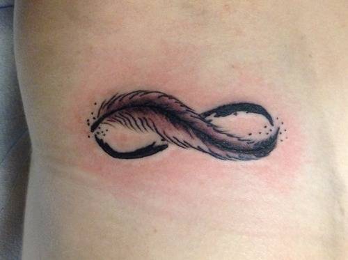 Black Ink Feather Infinity Tattoo Design For Side Rib