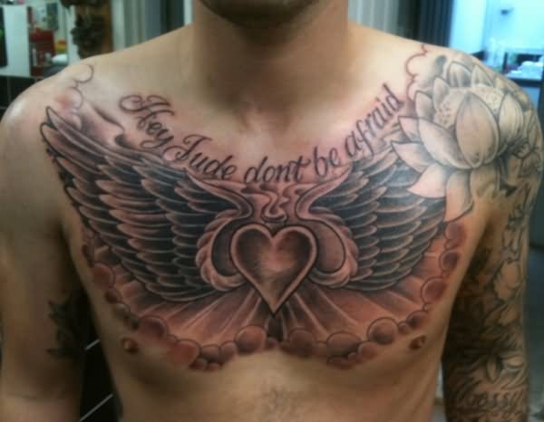 Black Ink Heart With Wings Tattoo On Man Chest