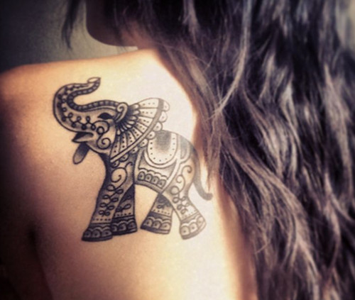 Black Ink Henna Elephant Tattoo On Girl Left Back Shoulder