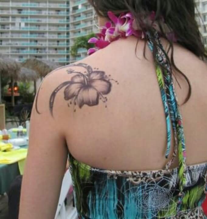 Black Ink Hibiscus Flower Tattoo On Girl Left Back Shoulder By Shilpa