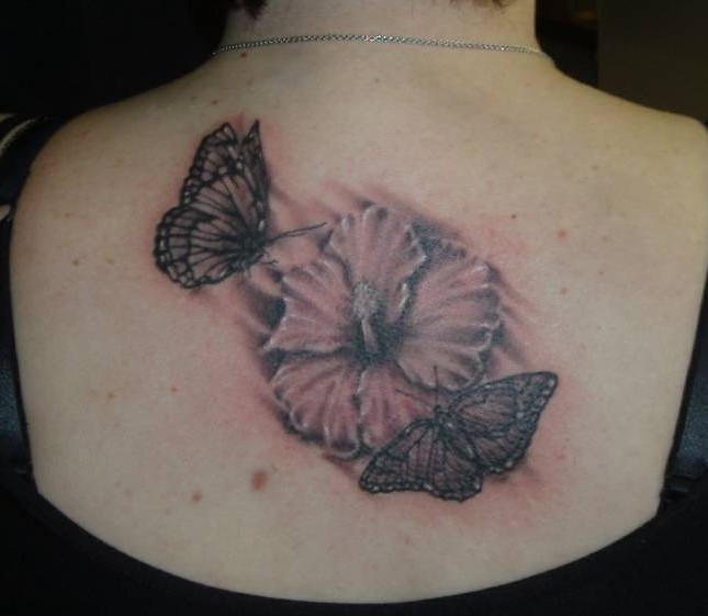 Black Ink Hibiscus Flower With Butterflies Tattoo On Upper Back