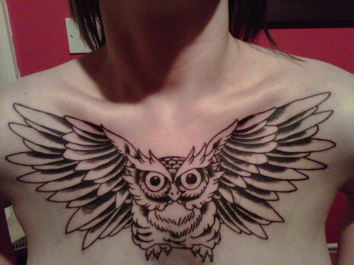 Black Ink Owl Tattoo On Chest