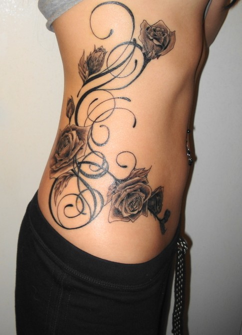 Black Ink Roses Tattoo On Girl Right Side Rib