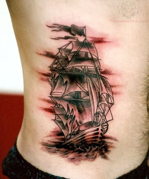 Black Ink Ship Tattoo On Man Right Side Rib