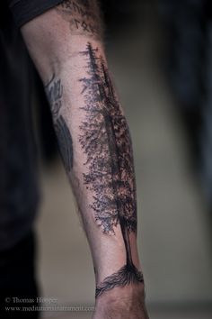 Black Ink Tree Tattoo On Left Forearm