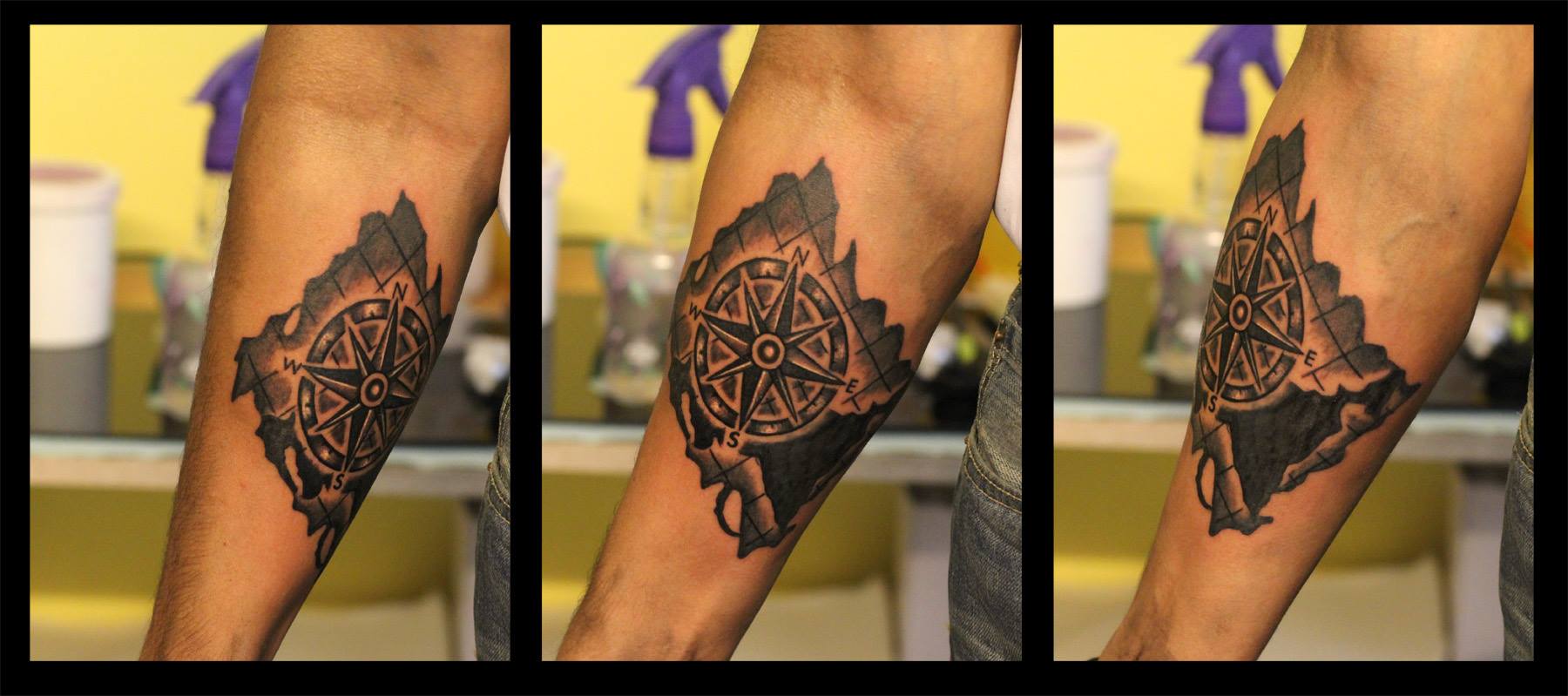 Black Nautical Compass Tattoo On Forearm by Pradeep El Chelso Junior