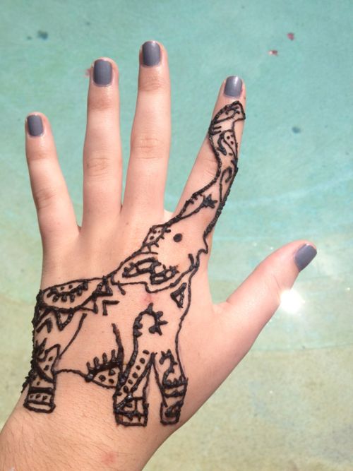 Black Outline Henna Elephant Tattoo On Girl Hand