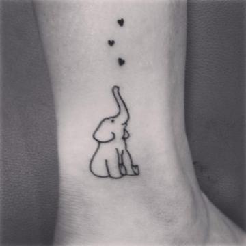 Black Outline Baby Elephant With Hearts Tattoo On Leg