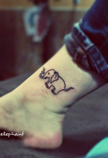 Black Outline Cute Elephant Trunk Up Tattoo On Leg