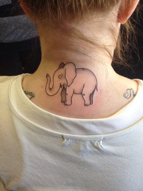 Black Outline Elephant Tattoo On Back Neck