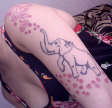 Black Outline Elephant Tattoo On Girl Left Half Sleeve