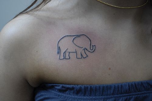 Black Outline Elephant Tattoo On Girl Right Front Shoulder