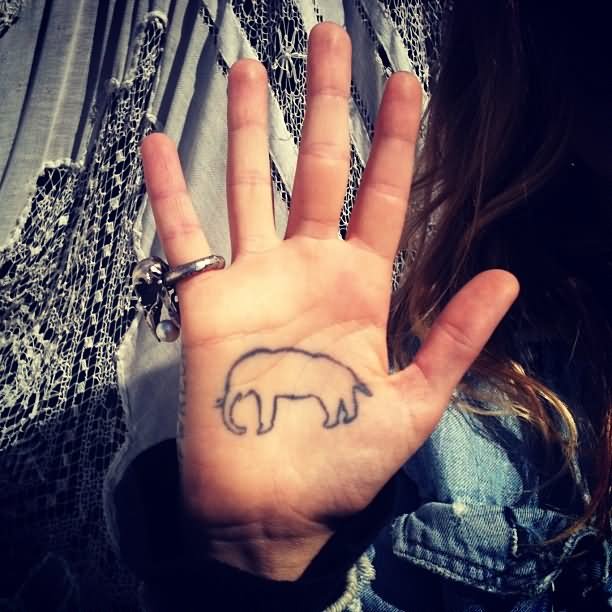 Black Outline Elephant Tattoo On Right Hand Palm