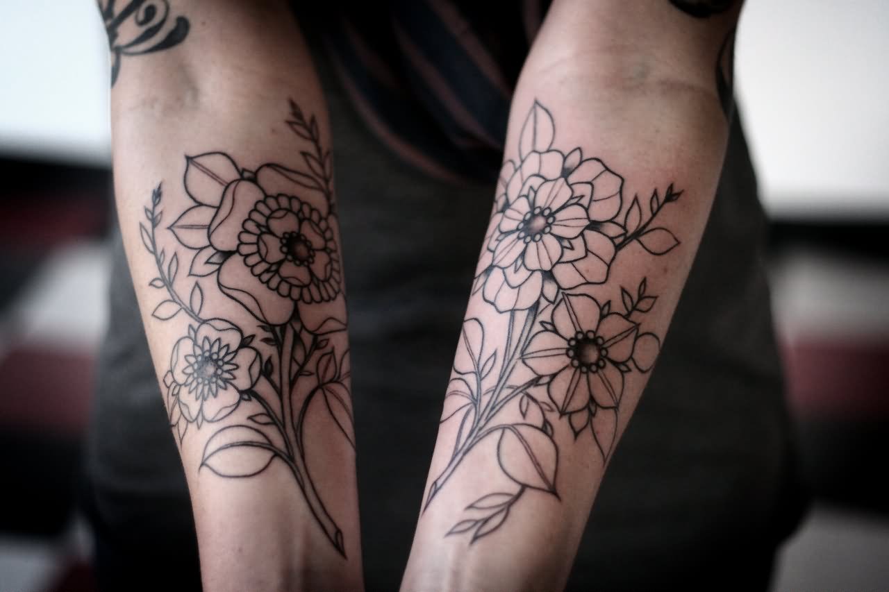 Black Outline Flowers Tattoo On Both Forearm