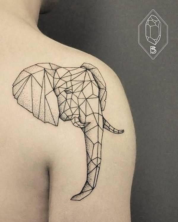 Black Outline Geometric Elephant Tattoo On Right Shoulder