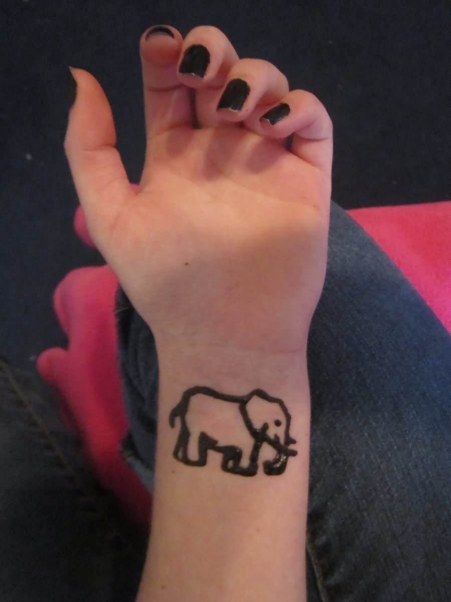 Black Outline Henna Elephant Tattoo On Girl Wrist