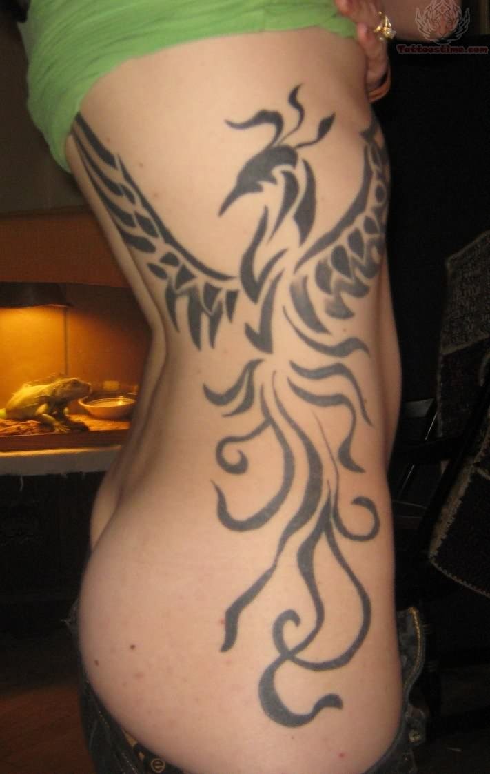 Black Phoenix Tattoo On Girl Right Side Rib