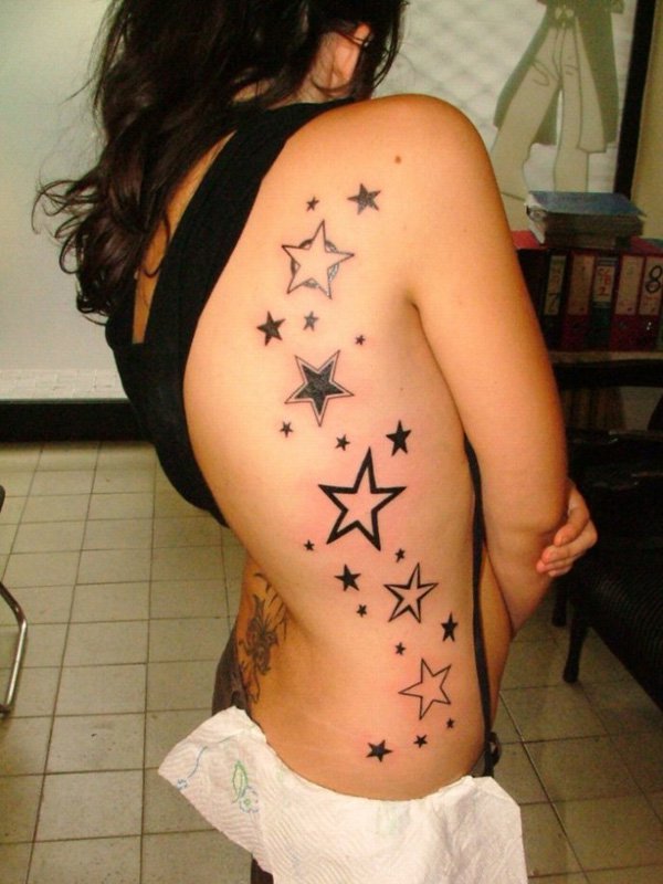 Black Stars Tattoo On Girl Right Side Rib