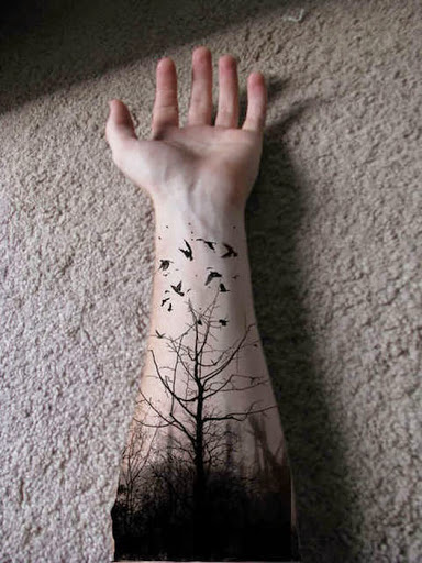 Black Trees With Flying Birds Tattoo On Left Forearm