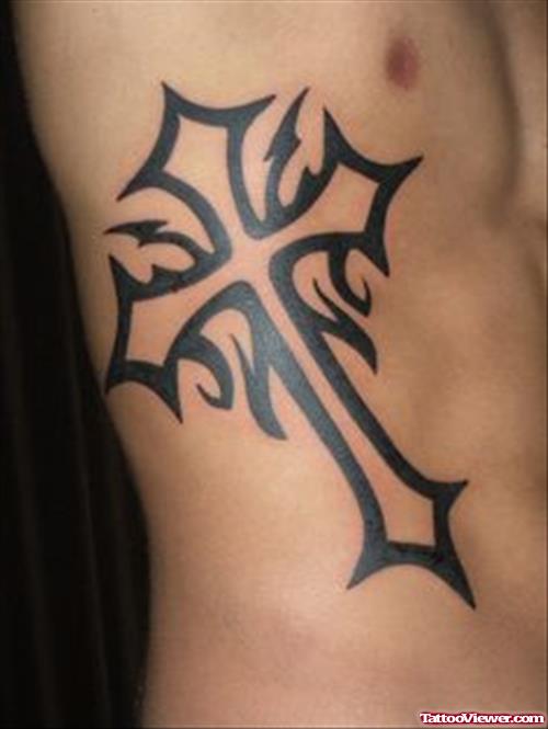 Black Tribal Cross Tattoo Design For Side Rib