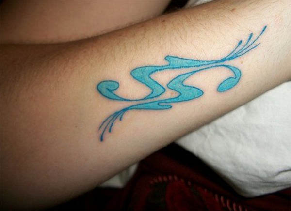 Blue Ink Cute Aquarius Tattoo On Right Arm