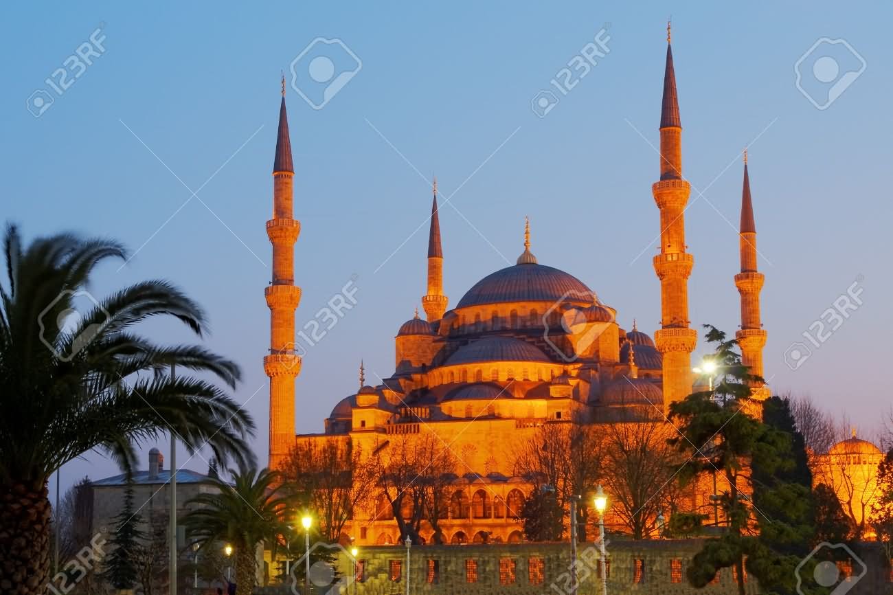 Blue Mosque Illuminated During Night In Istanbul, Turkey