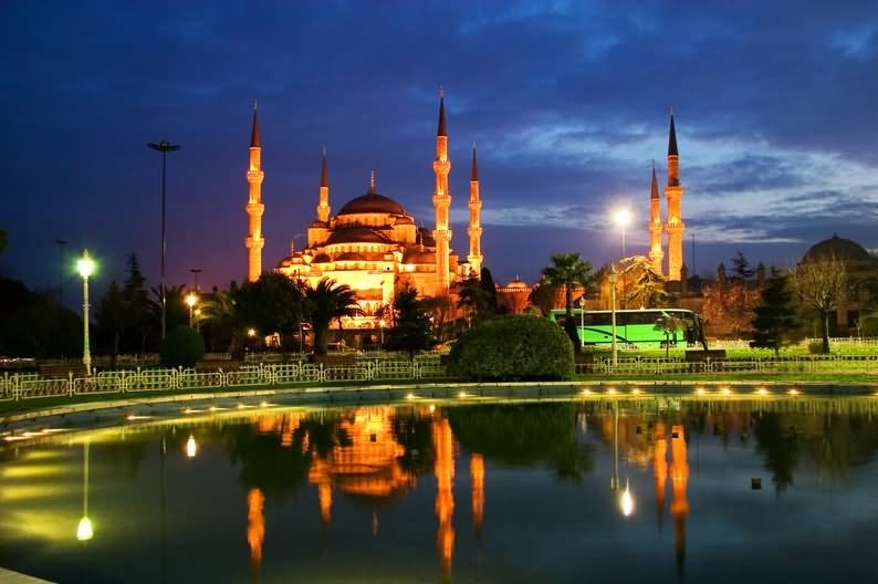 Blue Mosque Lit Up At Night Picture